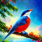 Colorful Bird Illustration with Feather Patterns on Branch Against Blue Background