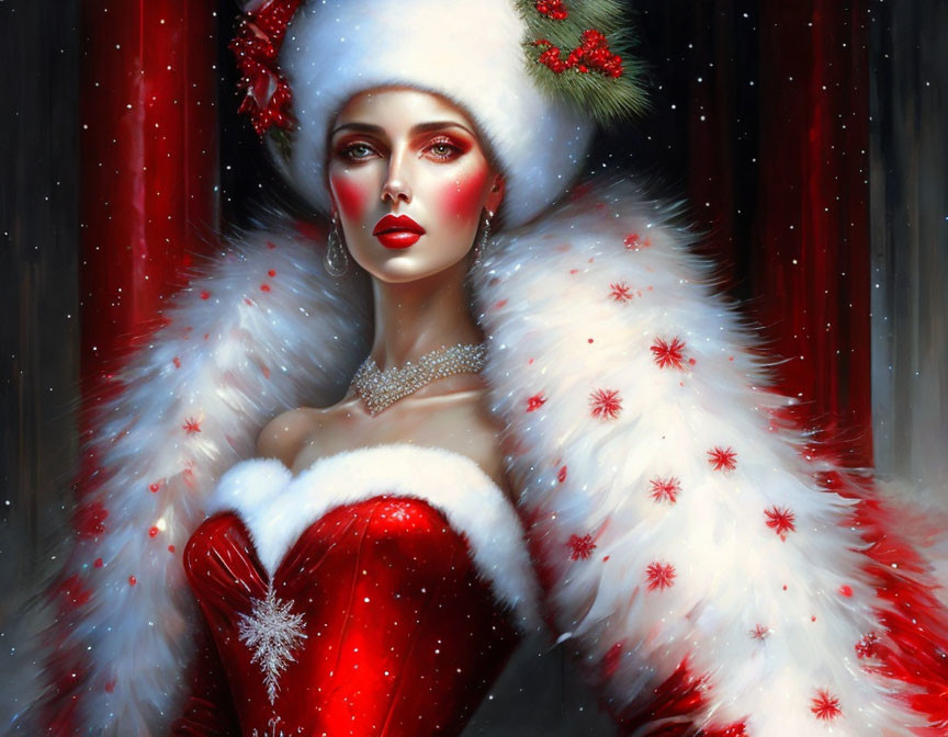 Festive woman in red and white Christmas attire with holly hat