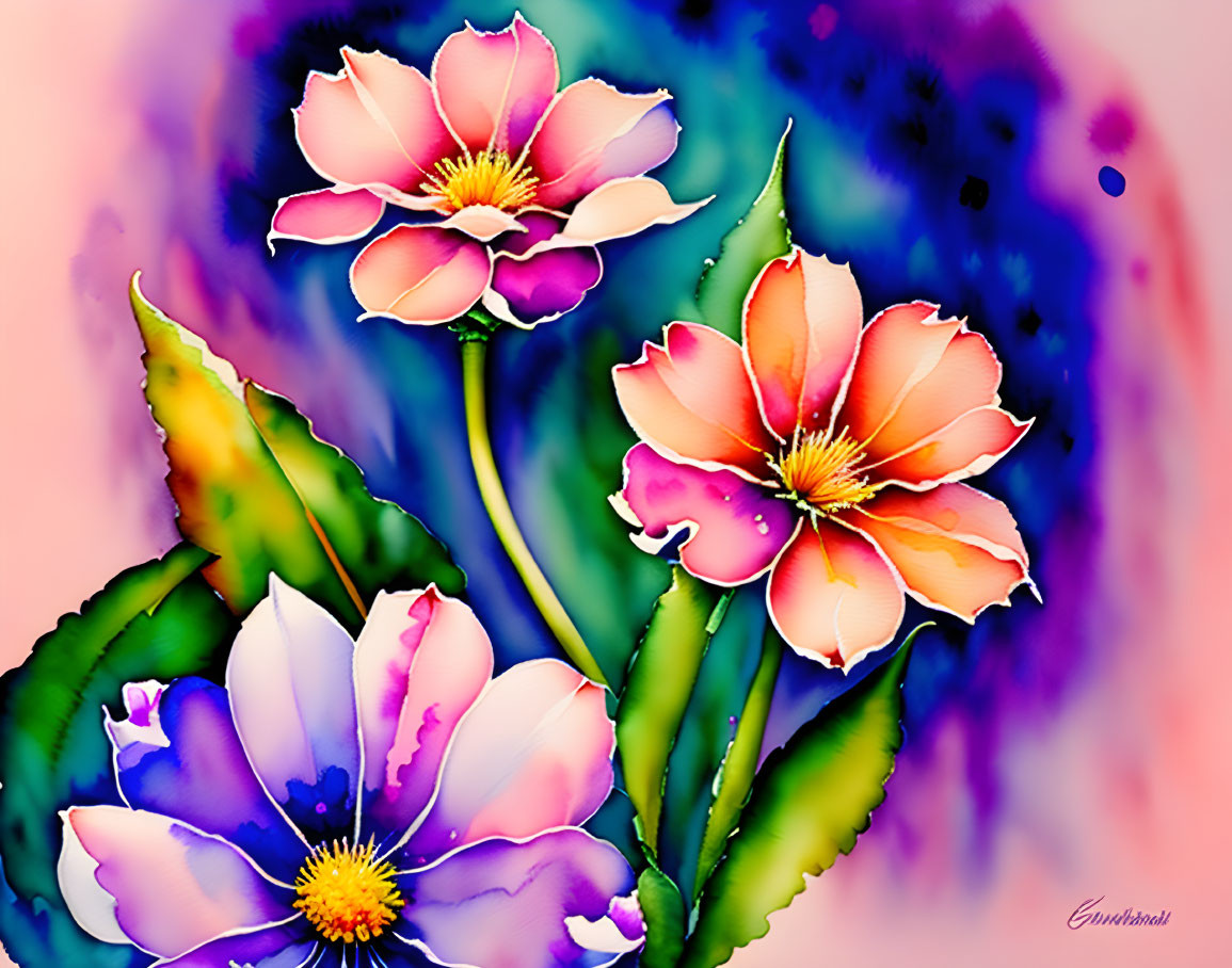 Colorful Blossoms in Pink and Orange on Purple and Turquoise Background