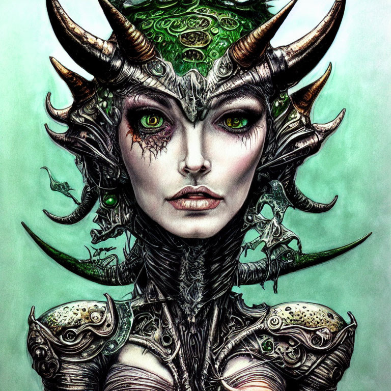 Fantasy artwork of female character with green skin in horned helmet and armor on green backdrop