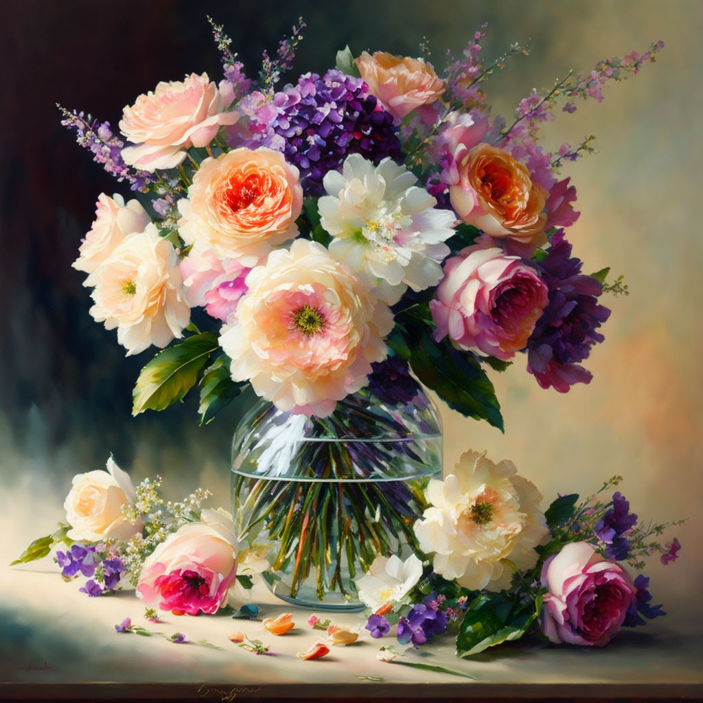 Still life oil painting: lush bouquet with roses, purple flowers in glass vase, against dark background,