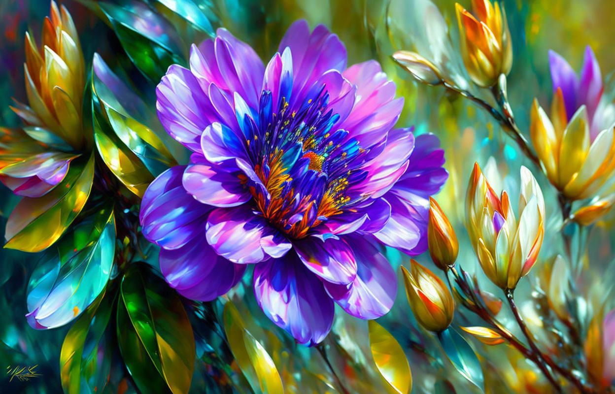 Colorful digital painting of iridescent flower and jewel-toned foliage