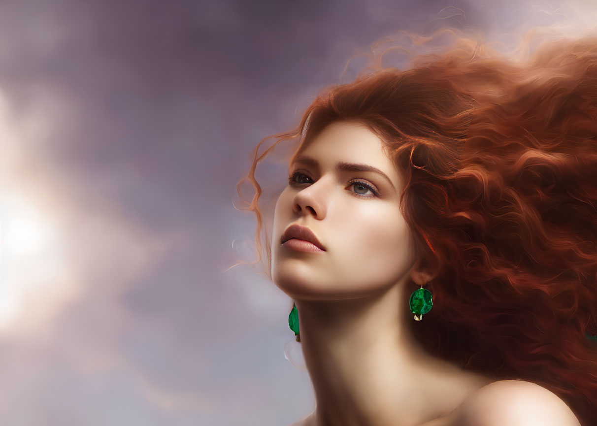 Woman with Voluminous Red Hair and Blue Eyes Wearing Green Earrings