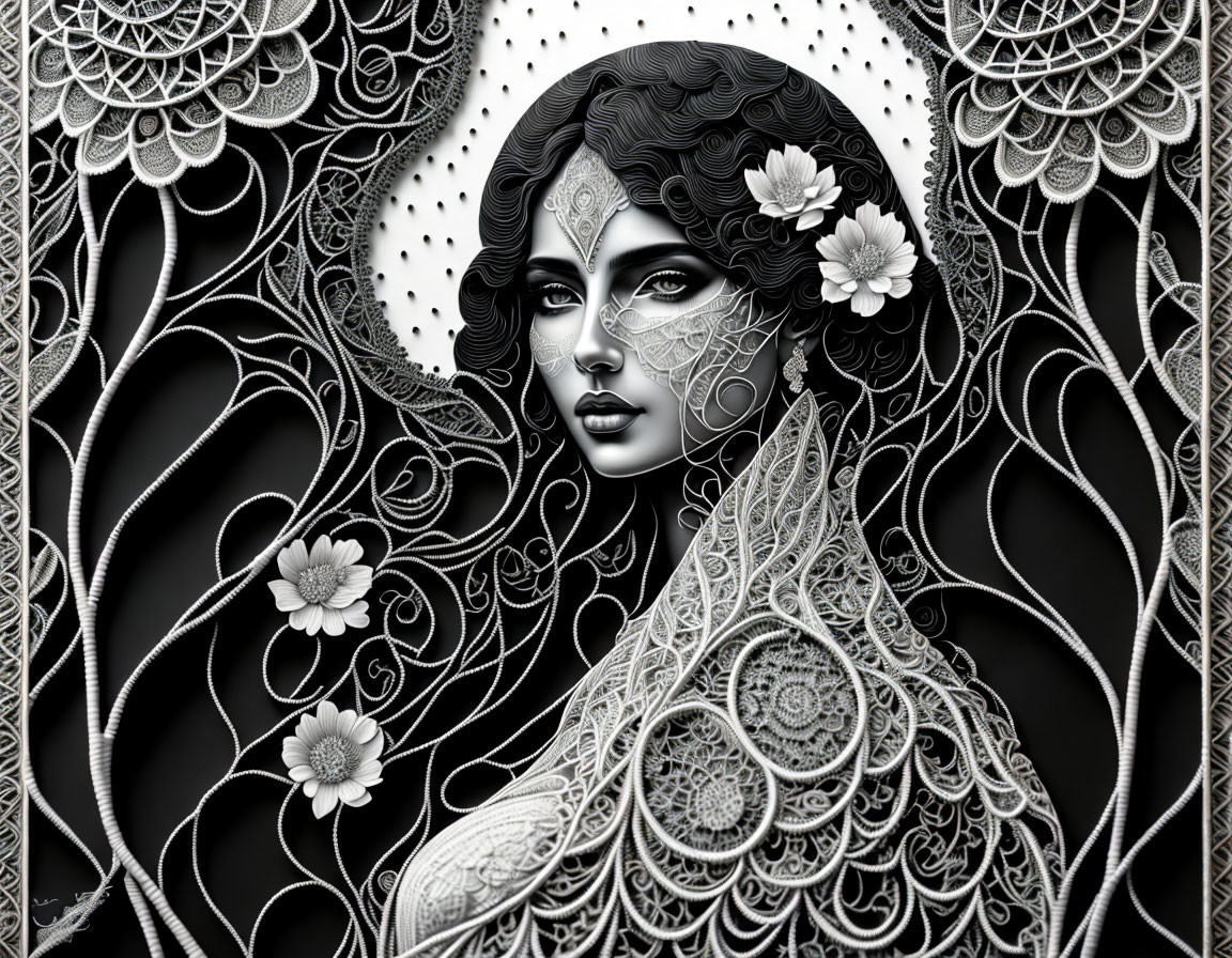 Monochromatic digital artwork of a woman with lace patterns, floral designs, and crescent moon.