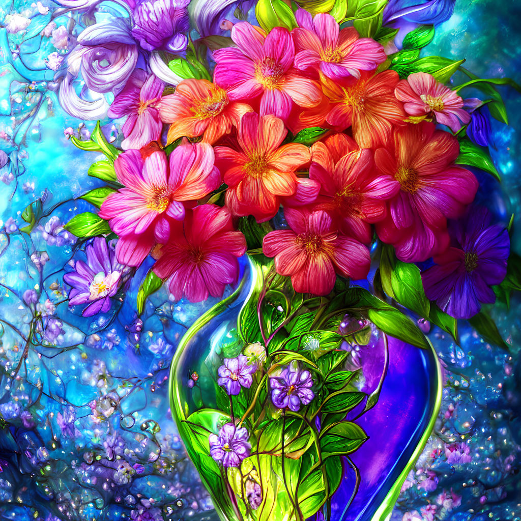 Pink flowers in heart-shaped glass vase on blue floral backdrop