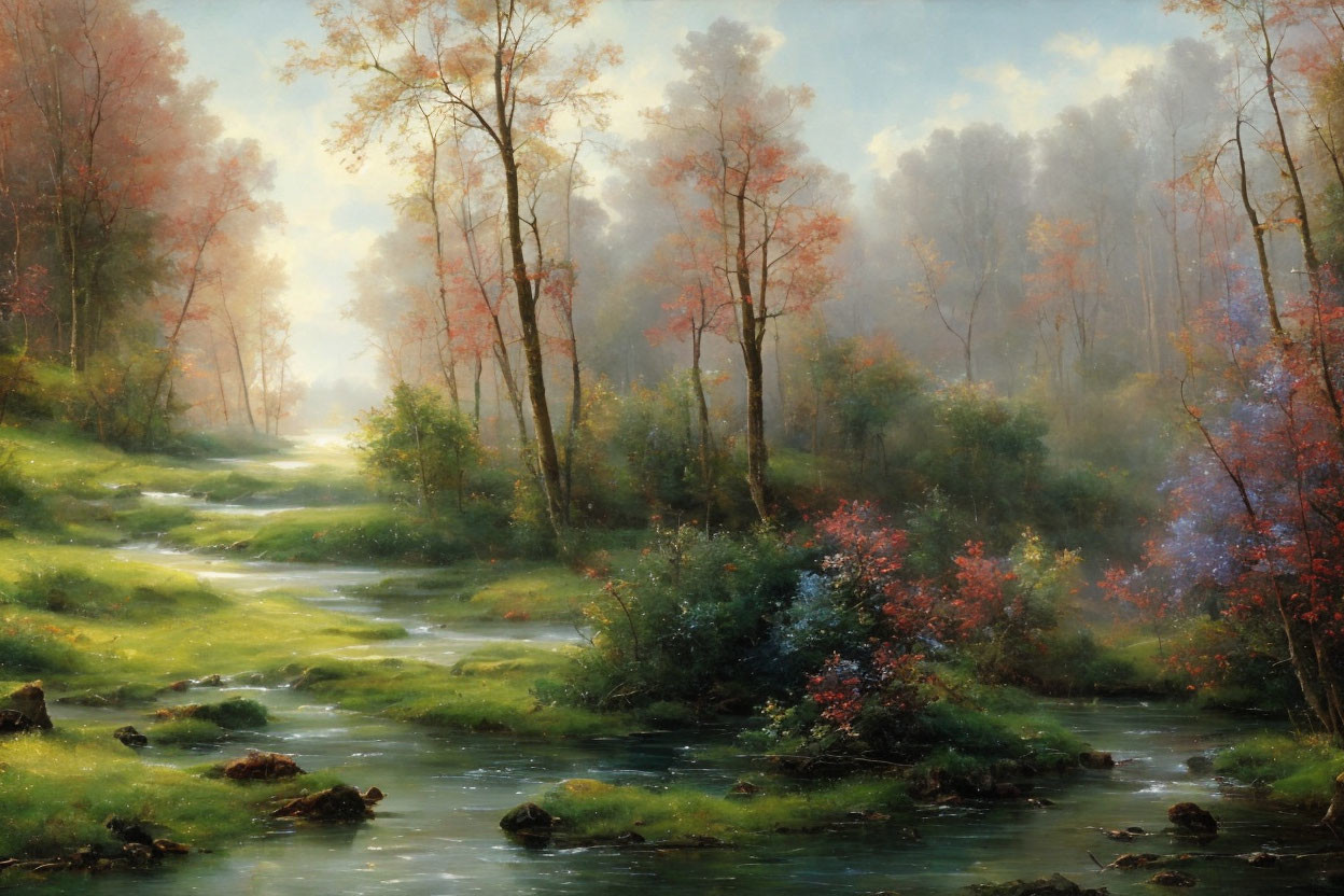 Tranquil stream in colorful woodland with misty morning background