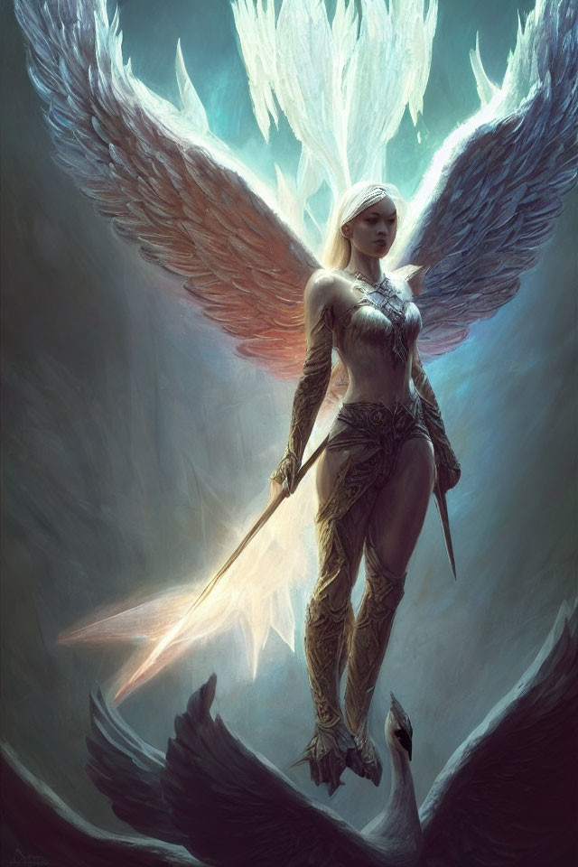 Ethereal winged figure with radiant sword in mystical environment