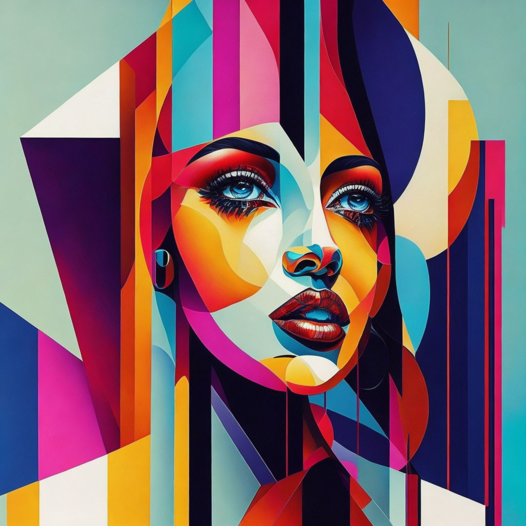 Colorful Abstract Portrait Featuring Geometric Shapes and Blue Eyes