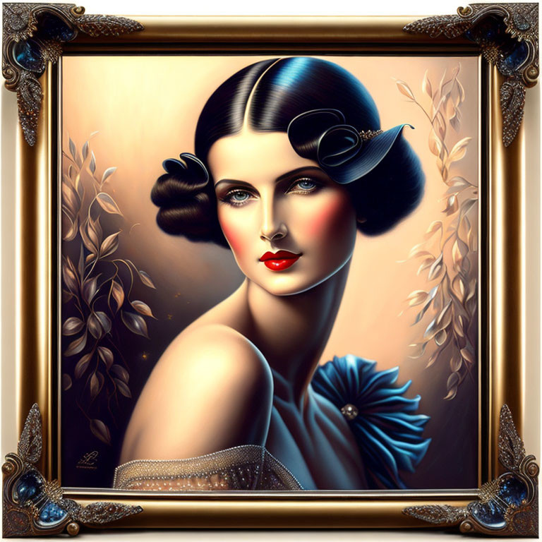 Stylized portrait of a woman with 1920s-inspired look in blue outfit framed ornately