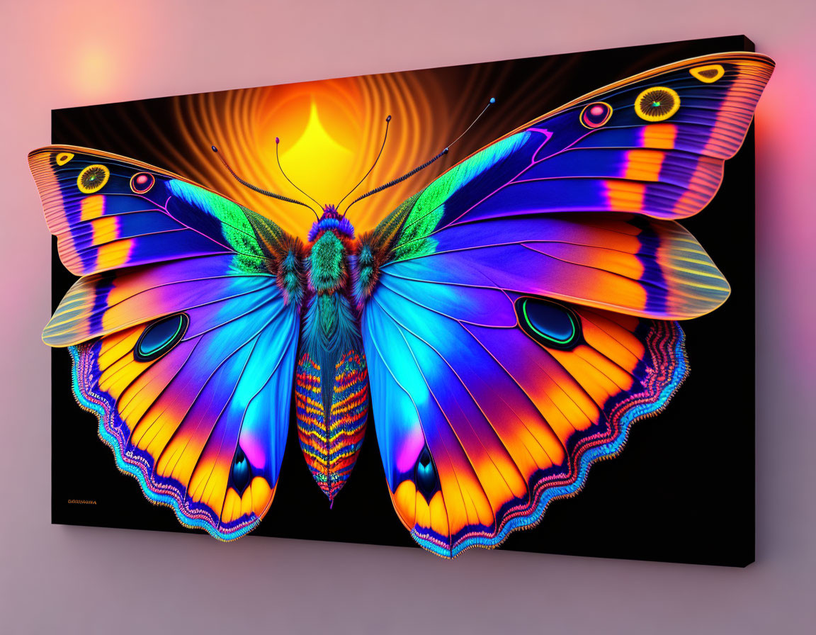 Colorful Butterfly Digital Artwork on Canvas Displayed on Pink Wall