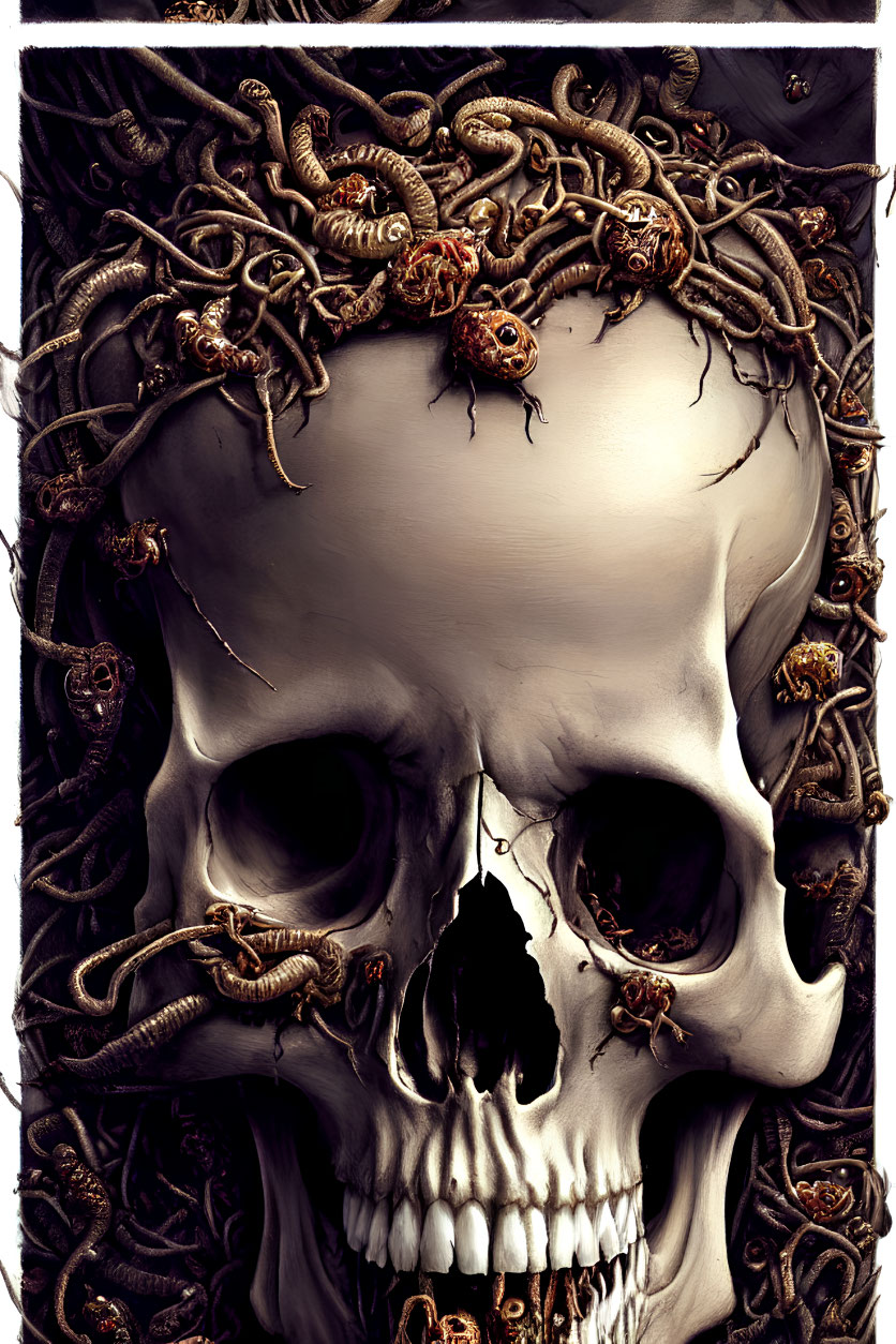 Detailed Human Skull Entwined with Serpents and Worms Illustration