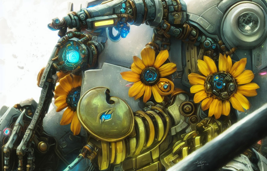 Detailed illustration: Robot with mechanical parts and sunflowers fusion