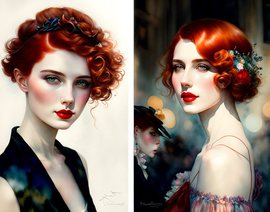 Illustrations of women with red hair and bold lips, one with blue headpiece, the other with