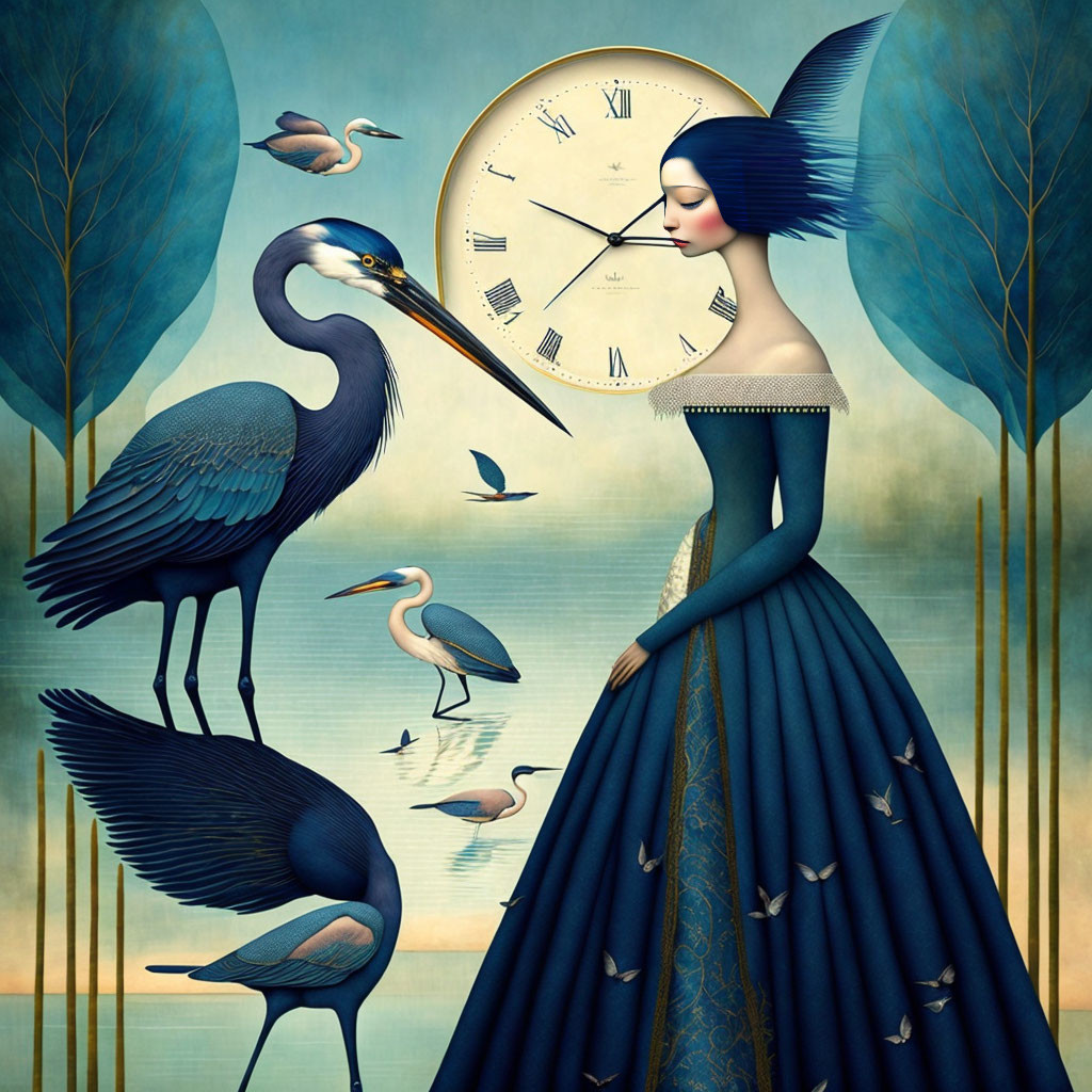 Surreal woman with clock-face head and herons in blue-toned setting