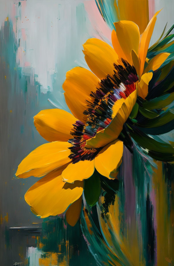 Detailed sunflower painting on soft abstract background