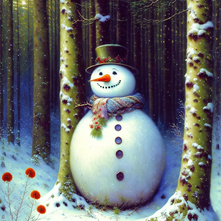 Festive snowman in wintry forest with top hat and scarf