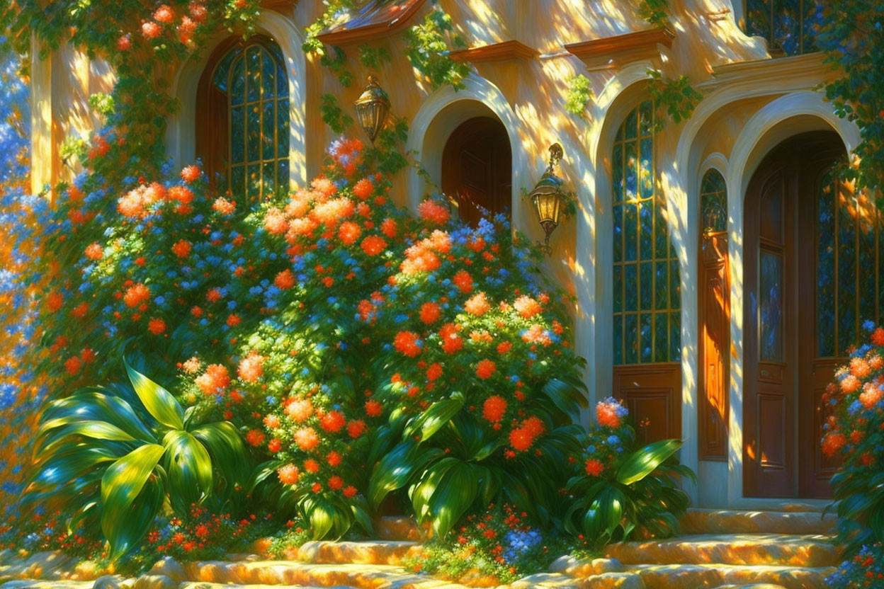 Colorful painting of sunny entrance with blooming flowers and leafy plants