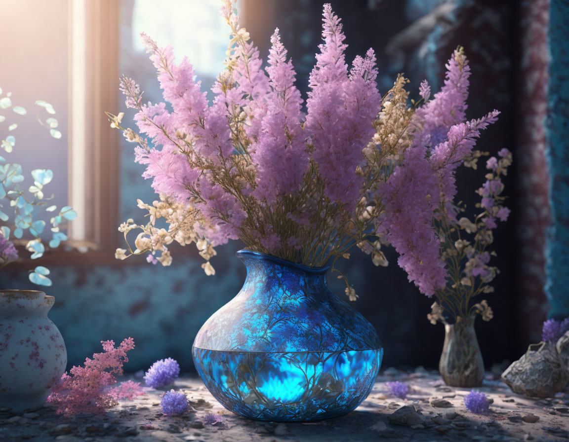 Pink Flowers Bouquet in Blue Vase with Sunlight Illumination