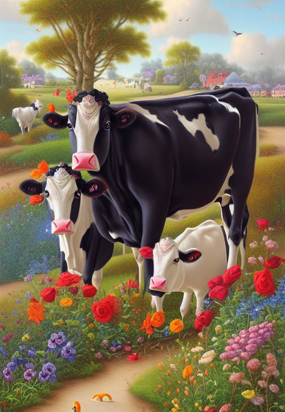 Colorful meadow scene featuring whimsical cows with flower and bow adornments