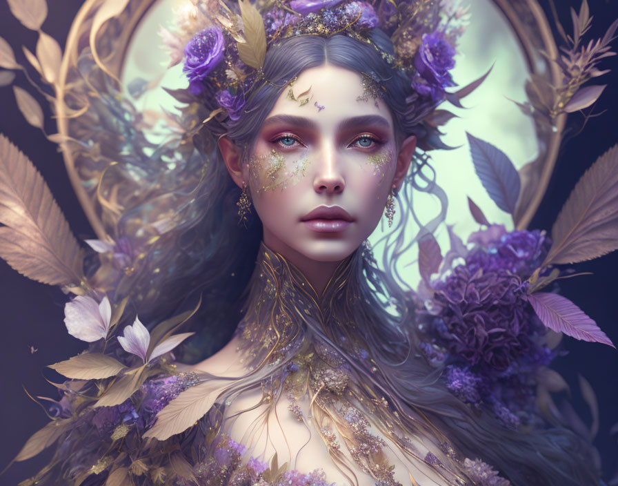 Fantasy portrait of a woman with floral adornments and ethereal makeup