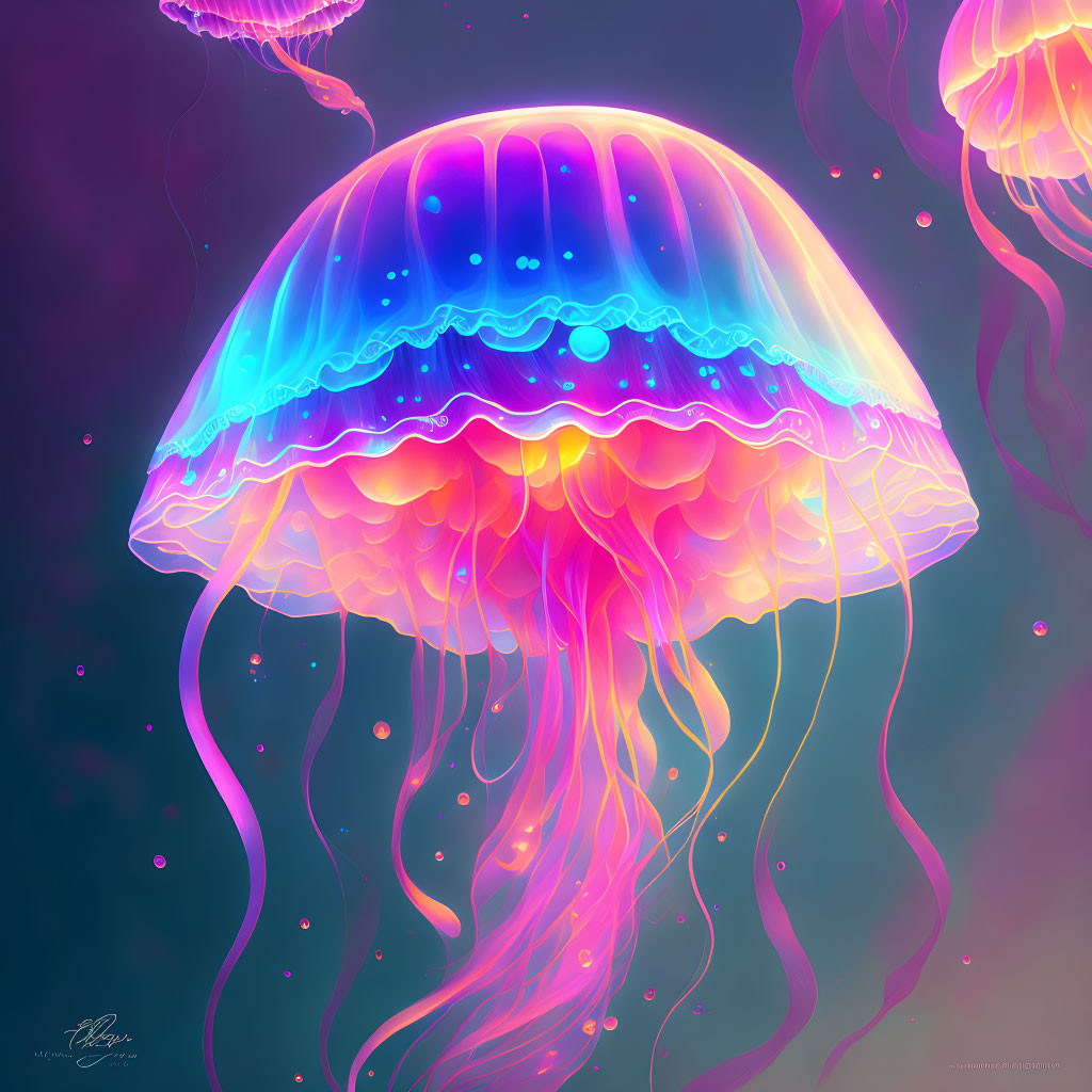 Colorful jellyfish artwork in blue, purple, and pink hues on dark background