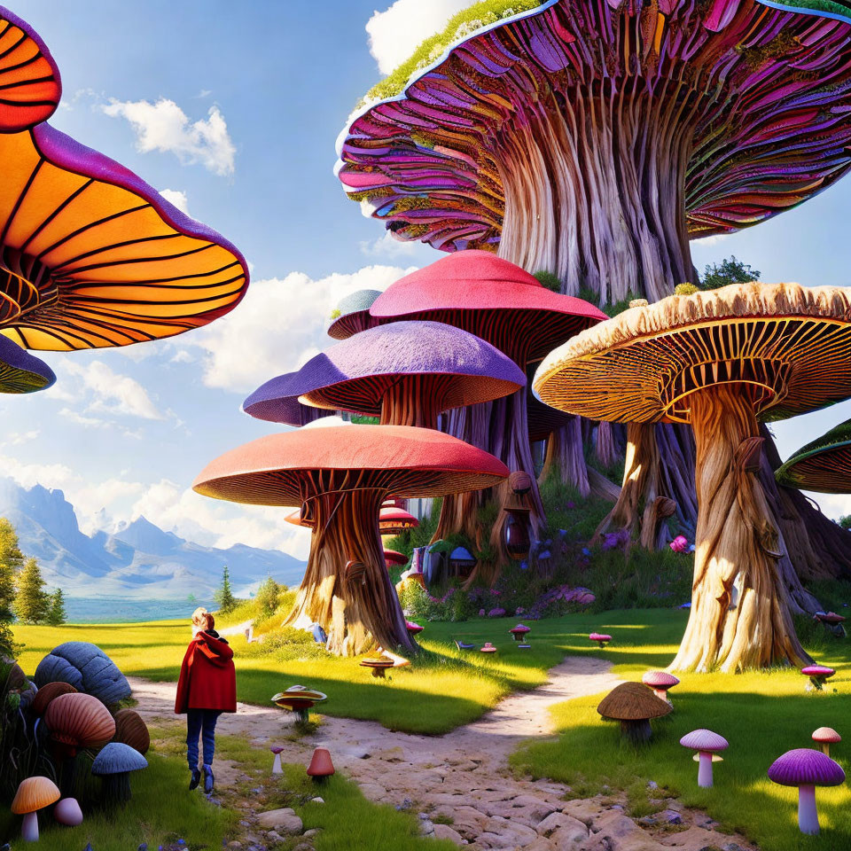 Person in red jacket in vibrant fantastical forest with colorful mushrooms under blue sky.