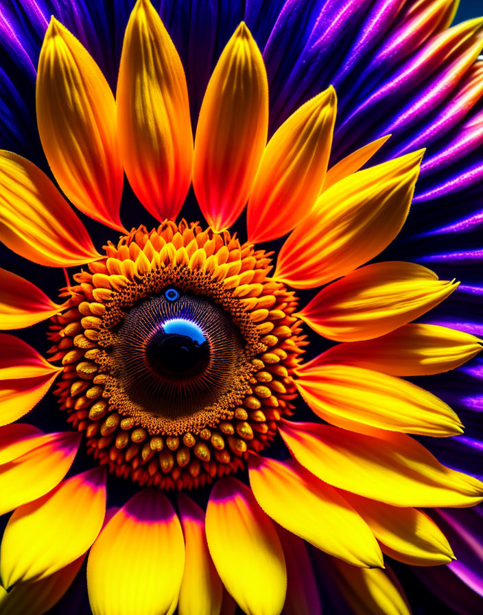 Close-up of vibrant sunflower with orange center and yellow petals on purple and blue backdrop