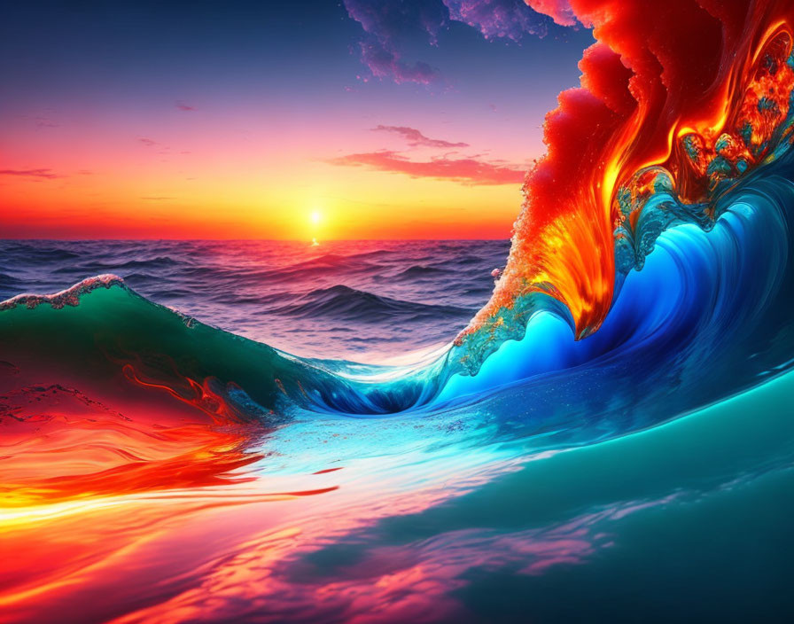 Colorful surreal ocean wave against fiery sunset sky