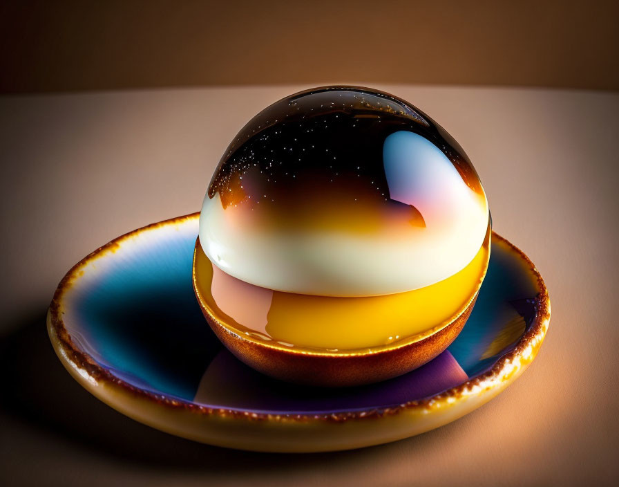 Shiny cosmic-patterned sphere on iridescent dish