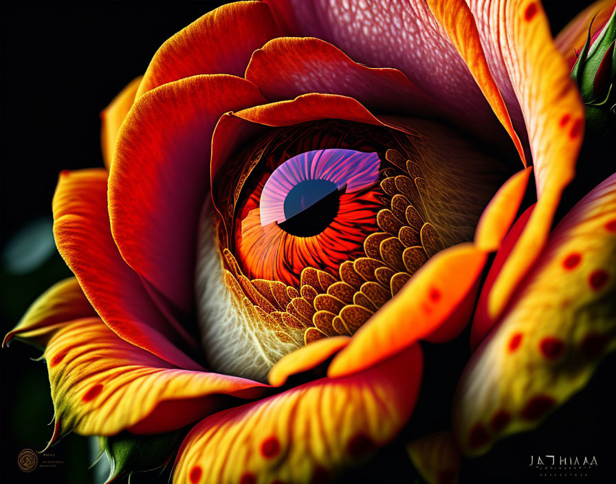 Vibrant red and orange rose with human eye blending in center