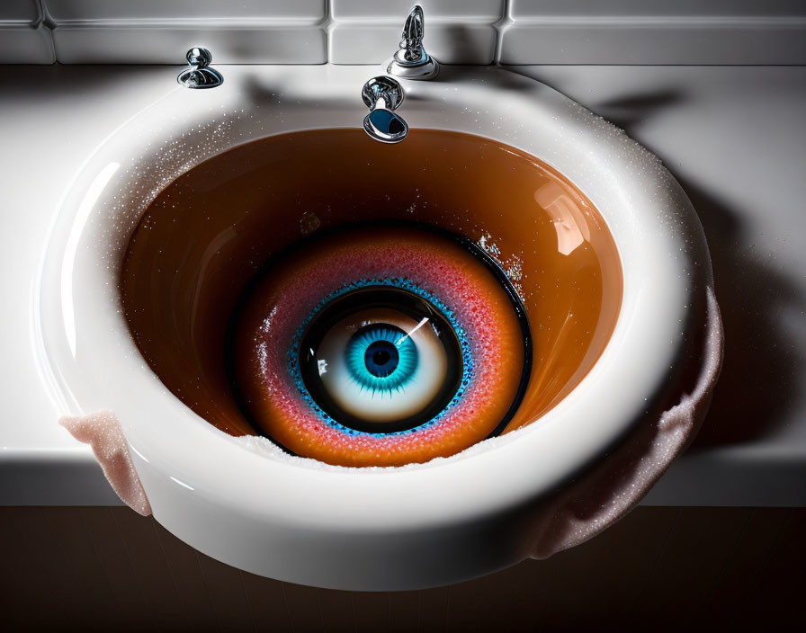 Surreal digital art: Sink filled with water, large human eye at center