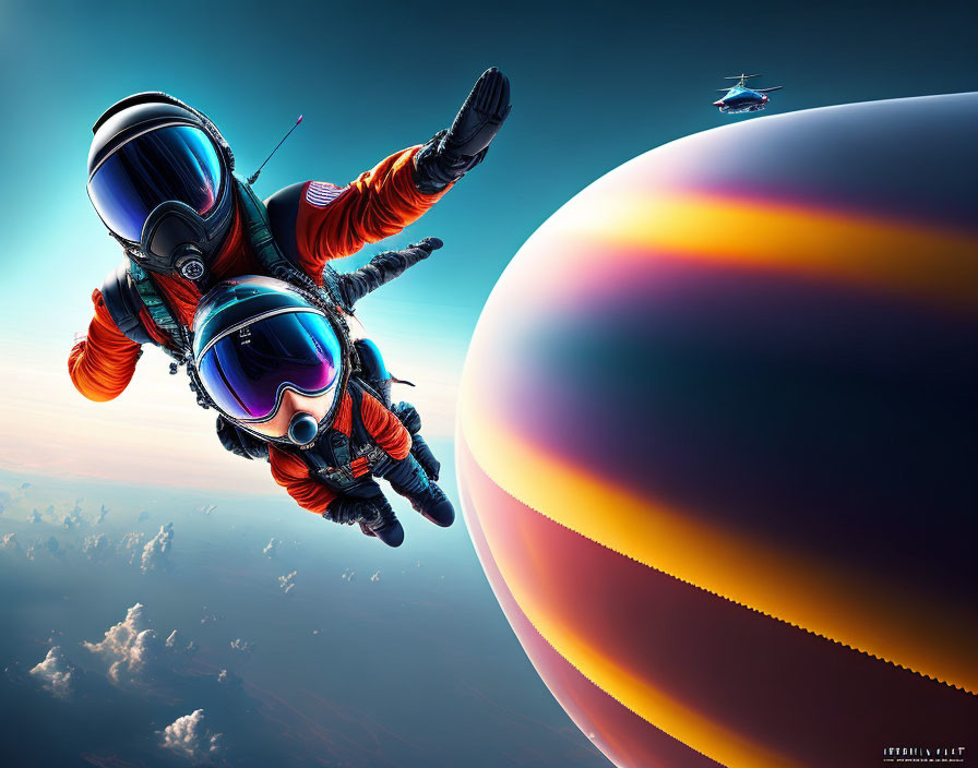 Astronauts in space suits free-falling above colorful planet with spaceship.