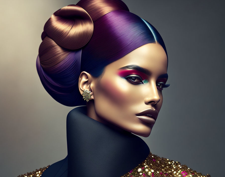 Portrait of woman with high bun, multicolored hair, dramatic makeup, elegant pose, gold sequ