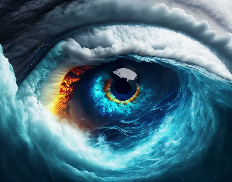 Surreal illustration: human eye merges with fiery sunset, ocean waves, swirling clouds