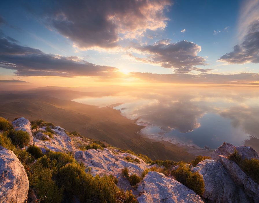 Tranquil sunset over lake from mountain with rocks and shrubs