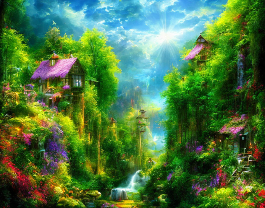 Fantasy landscape with lush greenery, colorful flowers, cottages, waterfalls, and radiant sun