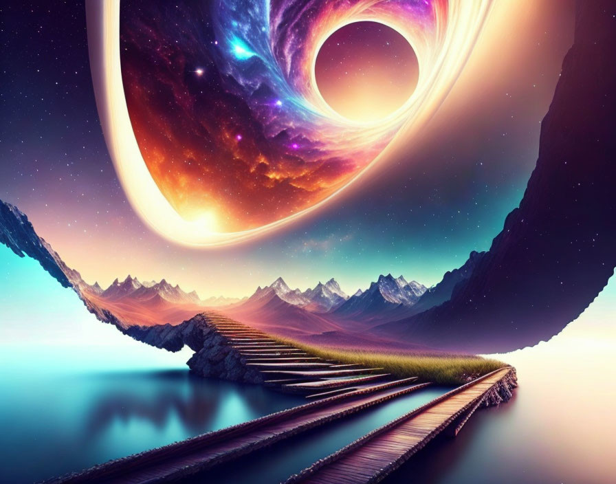 Surreal landscape with wooden pathway, mountains, and cosmic sky