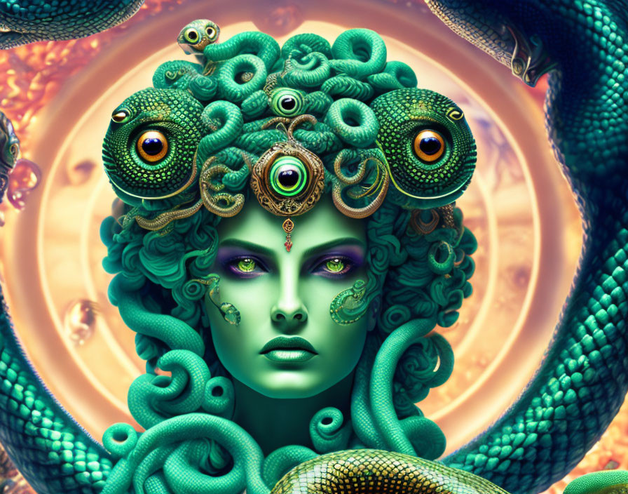 Surreal portrait: Woman with green skin and snake hair reminiscent of Medusa