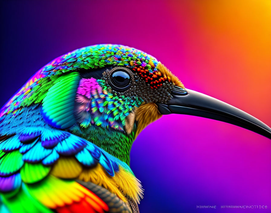 Vibrant hummingbird with iridescent feathers on colorful backdrop