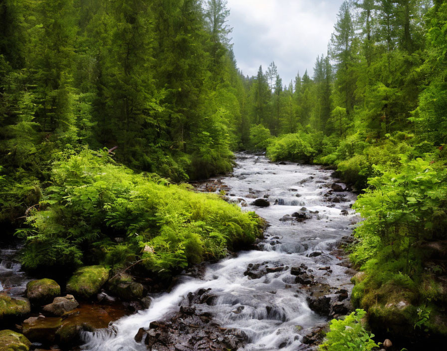 Tranquil forest stream surrounded by lush green foliage