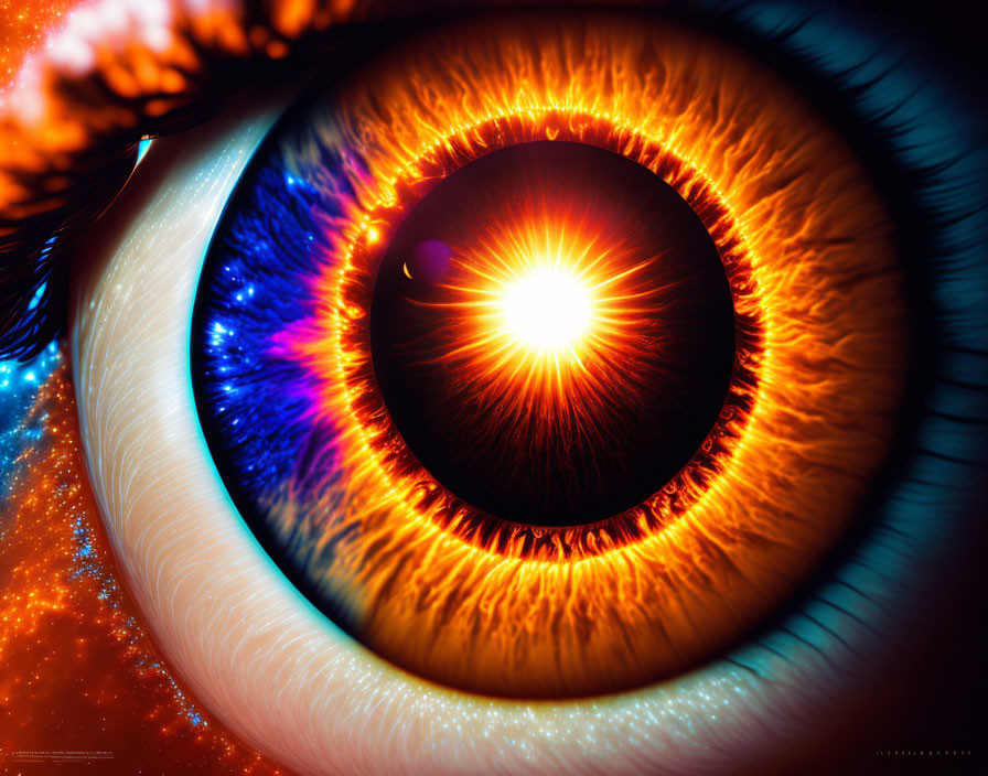 Detailed vibrant human eye with fiery sunburst iris on cosmic backdrop