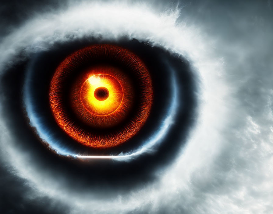 Fiery Eye-Like Vortex Surrounded by Swirling Dark Clouds