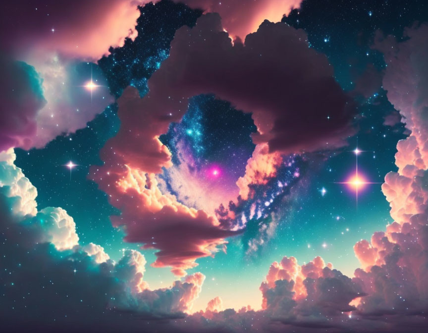 Colorful cosmic scene with fluffy clouds, nebula, and bright stars in a starry sky