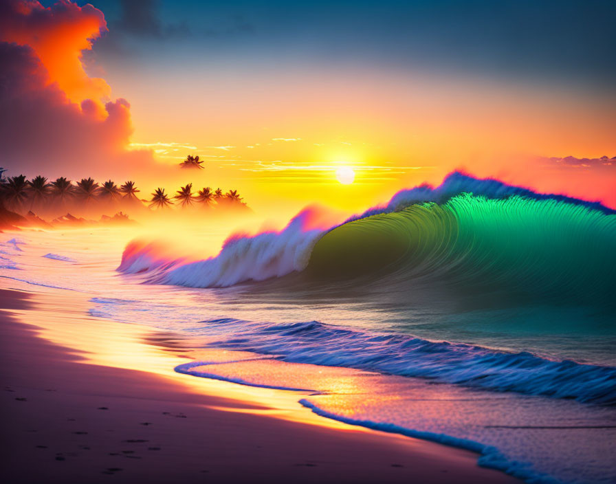 Colorful Beach Sunset with Wave, Palm Trees, and Plane