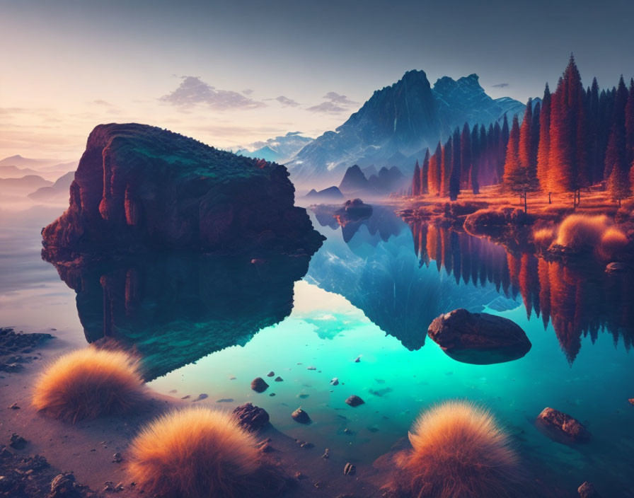 Scenic lake with clear waters, mountain range, forest, and glowing plants at twilight