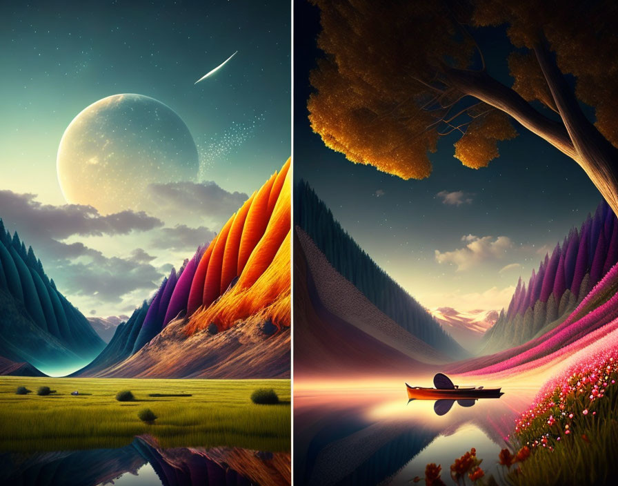 Vibrant digital artwork: Moon, shooting star, boat on calm lake, fantastical landscapes