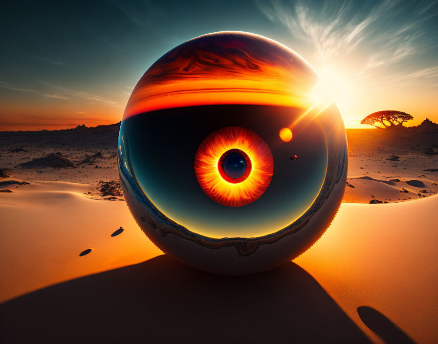 Surreal desert landscape with oversized eye-shaped sphere reflecting sunset