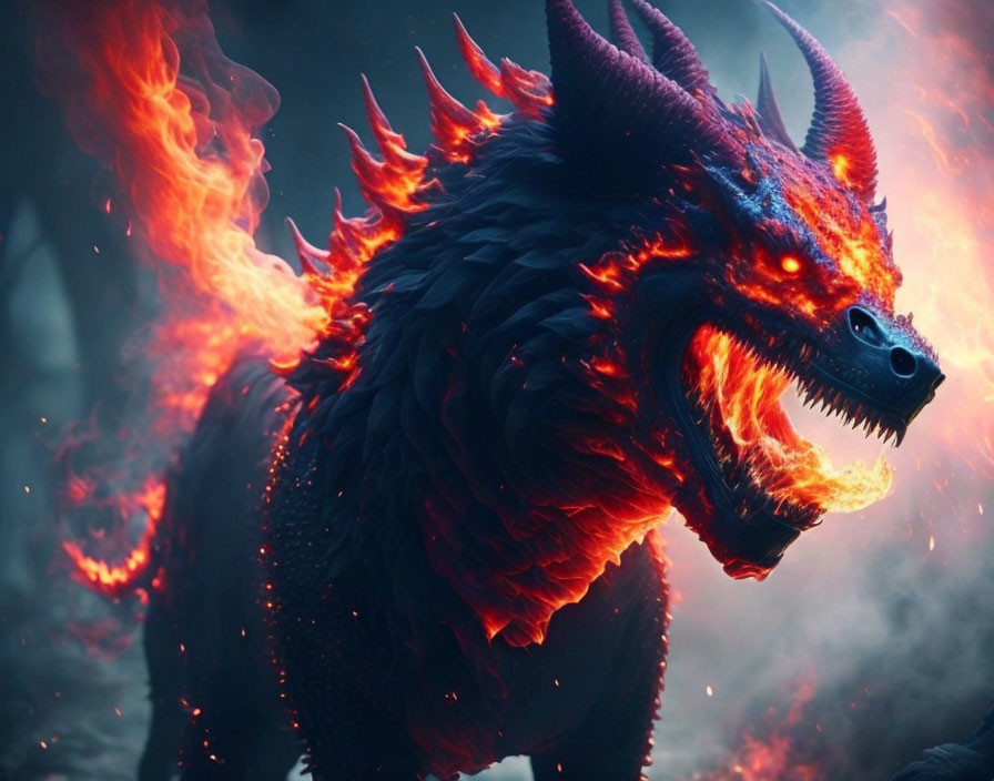 Glowing-eyed dragon with fiery scales in roaring stance