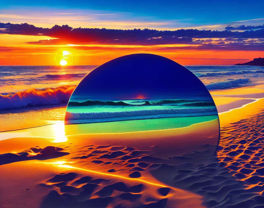 Vibrant beach sunset with sun reflection in glass sphere