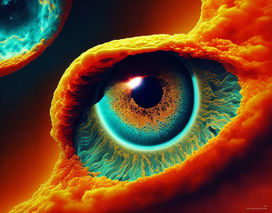 Colorful artistic rendering of a human eye with fiery orange tones and intricate blue patterns.